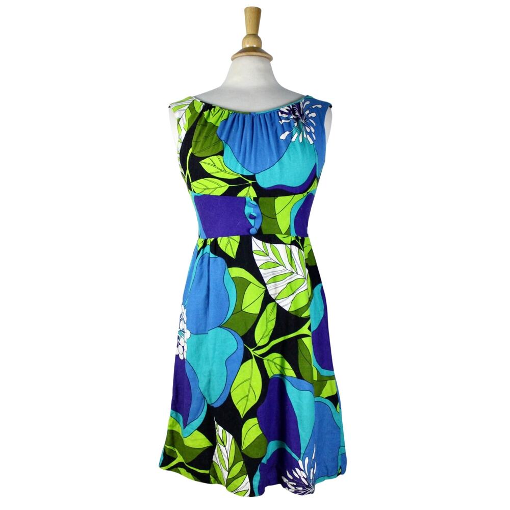 Vintage Hawaian empire waist dress colorful opart floral blue green cotton M 70s